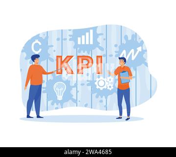 Key Performance Indicator Concept. Businessman Pointing Major Kpi Points to Colleagues Following Objective. flat vector modern illustration Stock Vector