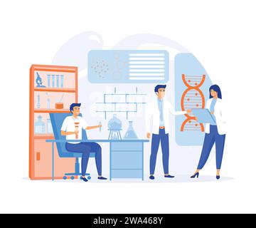 Genetic science. DNA molecule laboratory research, gene structure information. flat vector modern illustration Stock Vector