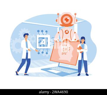 Brain with neural network on laptop and scientists, tiny people. flat vector modern illustration Stock Vector