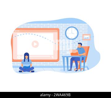 Digital overload. Tiny business people watching at digital devices screens and clock. Screen addiction, digital overload, flat vector modern illustrat Stock Vector