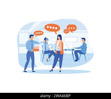 Work talk and discussion. People in office having business conversation with speech bubbles and digital devices in hands. flat vector modern illustrat Stock Vector