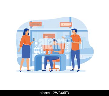 Work discussion. Three people in office working as a team and talking together with computers. flat vector modern illustration Stock Vector