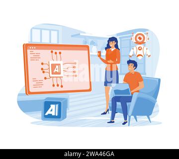 Digital brain with neural network on laptop screen. AI, machine learning, analysis information. flat vector modern illustration Stock Vector