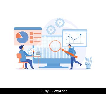Flat vector design statistical and Data analysis for finance investment business people team working on monitor graph dashboard. flat vector modern il Stock Vector