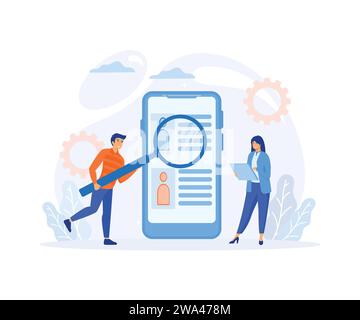 Work Descriptions, Recruitment Headhunting Concept. Tiny Employer Characters Reading Personnel Resume. flat vector modern illustration Stock Vector