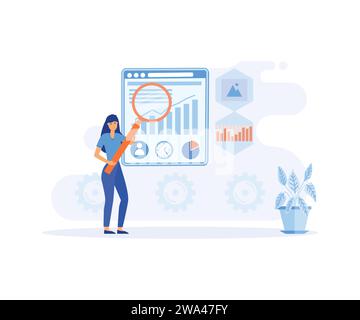Woman analyzing market trends and planning seo optimization. flat vector modern illustration Stock Vector