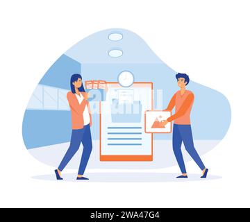 Man and woman office worker adds file to big folder. Database, searching info, storage and indexing of information. flat vector modern illustration Stock Vector