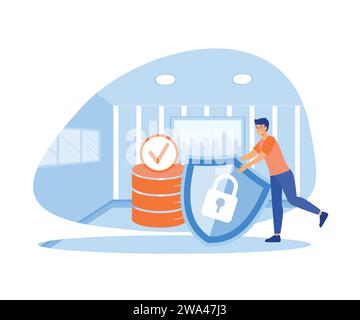 Man holding shield and server or hard disks. Concept of secured database. flat vector modern illustration Stock Vector