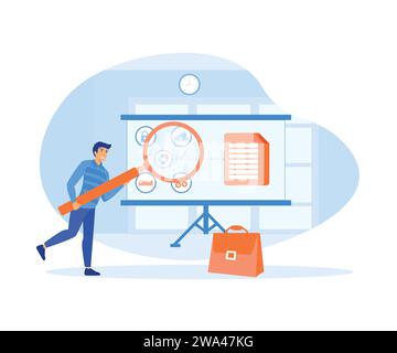 Businessman analyzing big data on graph using magnifying glass. flat vector modern illustration Stock Vector
