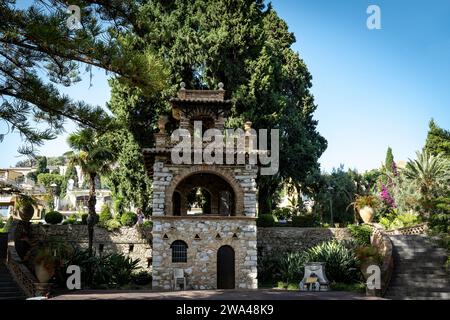 Villa comunale garden in Taormina. City park with landscaped gardens and picturesque views in Taormina, Sicily in Italy Stock Photo