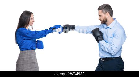 business partners fighting in boxing gloves isolated on white. anger management. business fight with two businesspeople. businesspeople fight against Stock Photo