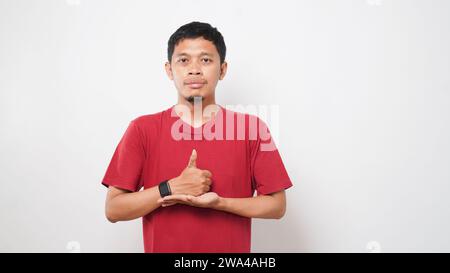 Asian man using sign language with hand. learn sign language by hand ...