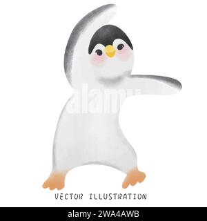 Spinning Penguins in Winter Wonderland: Charming Hand-Drawn Watercolor Art Stock Vector