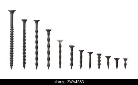 set of different size metal screws isolated on white background, drywall screws with black phosphate coated to protect from rust used in building Stock Photo