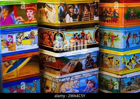 Vintage retro metal lunchboxes with pop culture characters from film and television Stock Photo