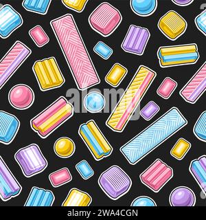 Vector Bubble Gum seamless pattern, decorative repeat background with various cartoon bubblegums and minty candies, square poster with group of flying Stock Vector