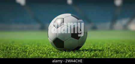 Close-up shot of a soccer ball on the soccer stadium field copy space background, 3d rendering Stock Photo