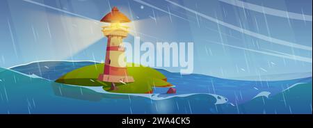 Lighthouse on little island with green grass in sea or ocean under rain fall. Cartoon vector marine gloomy landscape with beacon building with light on during storm with high waves and rainy weather. Stock Vector