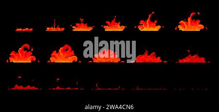 Fire lava animation, game sprite effect sheet, volcano magma. Volcanic eruption lava splash animation sequence frames, cartoon hot magma explosion burst or flow stages vector loop Stock Vector