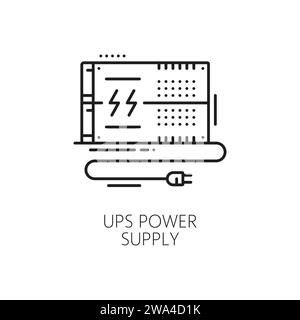 UPS power supply icon, computer PC hardware unit, vector line symbol. UPS power supply for computer and electronic devices, linear pictogram for electric power source or battery backup equipment Stock Vector