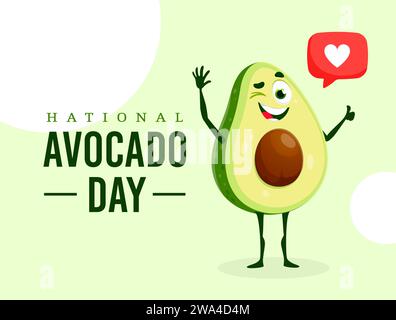 Avocado Day banner with happy avocado fruit vector character showing thumb up and winking. Cartoon half of green fruit personage with brown seed and like heart sign in comic speech bubble Stock Vector