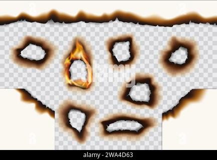 Burning paper with holes, fire flames and burnt edges, realistic vector texture. Burning paper holes effect of scorched page parchment with flaming sheet frame borders on transparent background Stock Vector