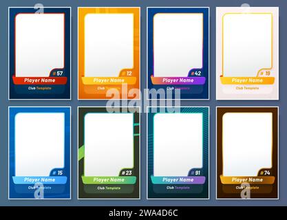 Sport trading cards. Soccer team score poster, football club match or hockey player image cards, basketball league tournament vector banner blank templates with colorful, modern digital style frames Stock Vector