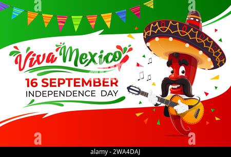 Viva Mexico, Mexican national independence day banner with red hot jalapeno pepper mariachi character play guitar. Join the fiesta of freedom, culture, and pride on this historic day of september 16th Stock Vector