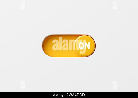 To start an action or process. Power on. Business startup. On and off toggle switch button at the on side. 3D render. Stock Photo
