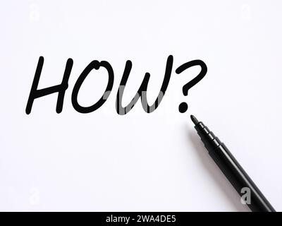 The question of HOW handwritten on white background. Asking for information. Frequently asked questions FAQ. Stock Photo