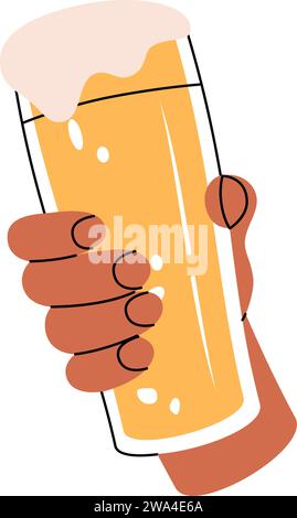 Hand holding a beer glass. Beer pub product. Brewing process, brewery factory production element. Vector illustration. Stock Vector
