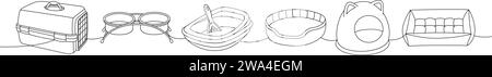 Pet supplies. Carrying case, dogs bowl, pet toilet, cat litter box, pets bed, cushion pillow sleep, dog house continuous one line illustration. Stock Vector