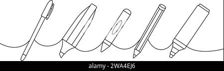 School supplies set. Back to school one line continuous drawing. Marker pens, pencils, chalk pencil, crayons continuous one line illustration. Stock Vector