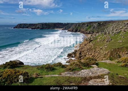 Pedn-men-an-mere, Minack Point, Porth Curno and Pedn Vounder Beach viewed from Logan Rock Stock Photo