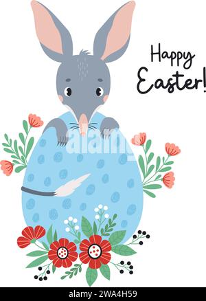 Cute bilby with big Easter egg and flowers. Australian animal is wild mammal. Happy Easter greeting card. Vector illustration in flat cartoon style Stock Vector