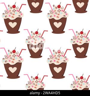 Seamless pattern of dessert in a cup with cocktail straw decoration and cream in trendy soft shades. Isolate. EPS. Vector for wrapping, wallpaper, poster, banner or cards, web and other different uses Stock Vector