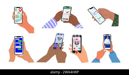 Diverse Hands holding smart phone with mobile apps Stock Vector