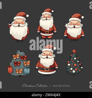 Cartoon Santa Claus and Christmas tree collection, vector design Stock Vector