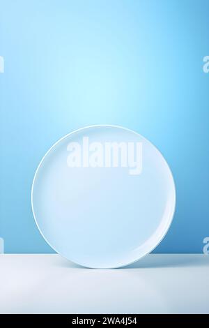White round dish on kitchen table top in light blue wall background Stock Photo