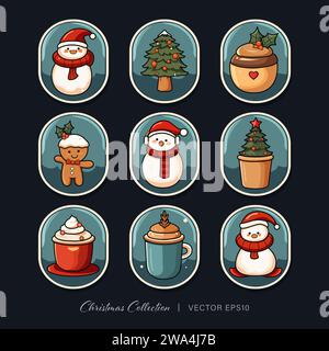 Lovely festive Christmas decoration element set including snowman, Christmas tree and drink vector design in round frames Stock Vector