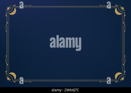 Golden line frame border design with moon and leaf decoration at corners in dark blue background Stock Vector