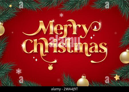 Shiny golden merry Christmas text on red background frame decorated with green pine leaves and balls at border Stock Vector