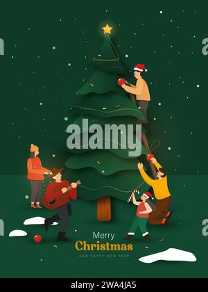 Cartoon people celebrating and decorating Christmas tree on green background, vector design Stock Vector