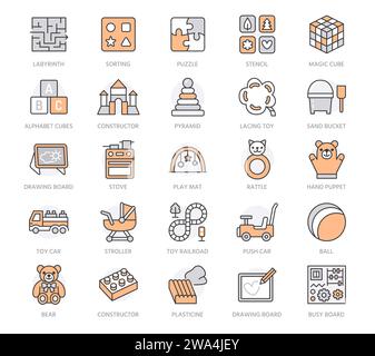 Early development baby toys flat line icons. Play mat, sorting block, busy board, carriage, toy car, kids railroad illustrations. Thin signs for Stock Vector