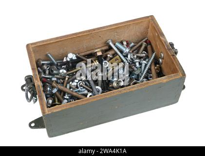 Wooden box with screws and nuts. Isolated on white Stock Photo