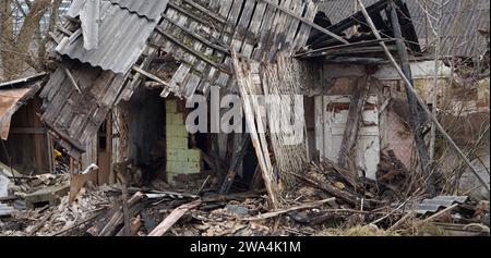 Ruins of an old burnt village house panoramic shot Stock Photo