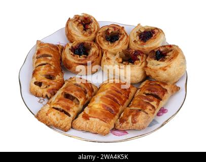 Puff pastry buns with apple jam and cottage cheese. Isolated on white Stock Photo