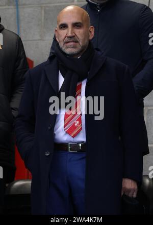 Swindon Town Football Club owner Clem Morfuni watches his team during the EFL League Two match between Crawley Town and Swindon Town at the Broadfield Stadium 1st January 2024 Stock Photo