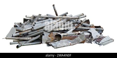 A pile of old rain pipes on garbage dump. Isolated on white Stock Photo