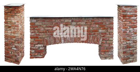 The arch and columns are made from old reclaimed red bricks. Isolated on white set Stock Photo
